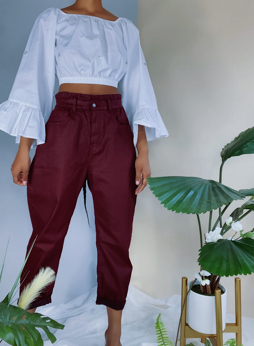 Burgundy Baggy Paperbag High Waisted Jean Trouser (6-8)